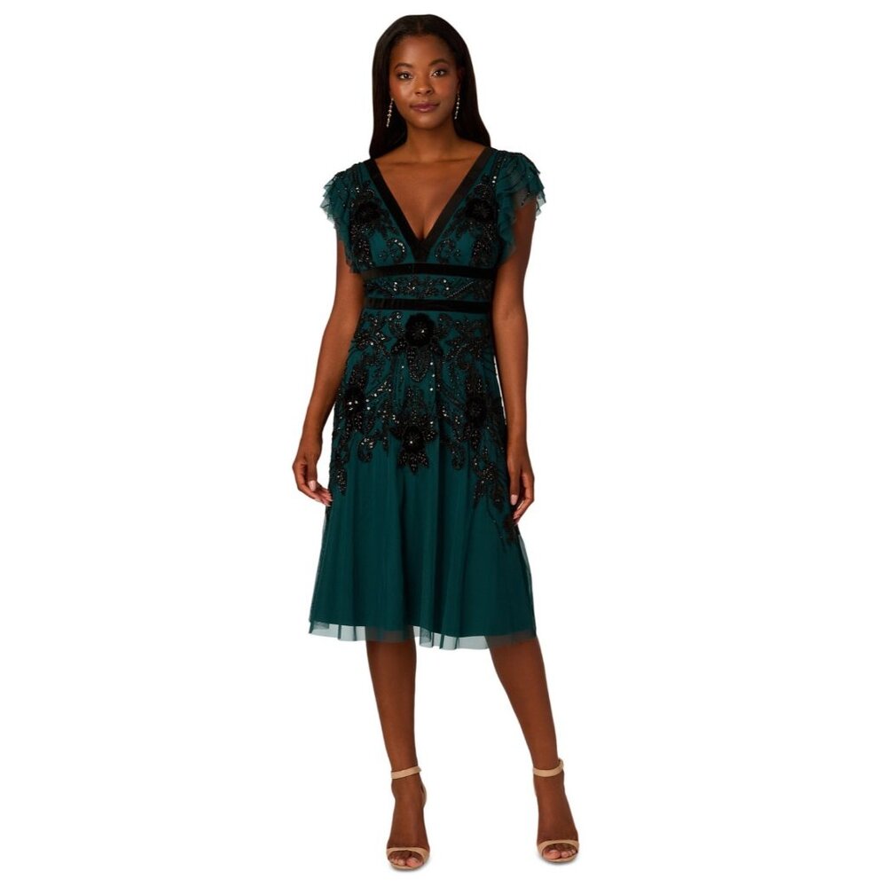 Adrianna Papell Beaded Velvet Midi Dress Gem Green V-Neck Cap Sleeves Size 10